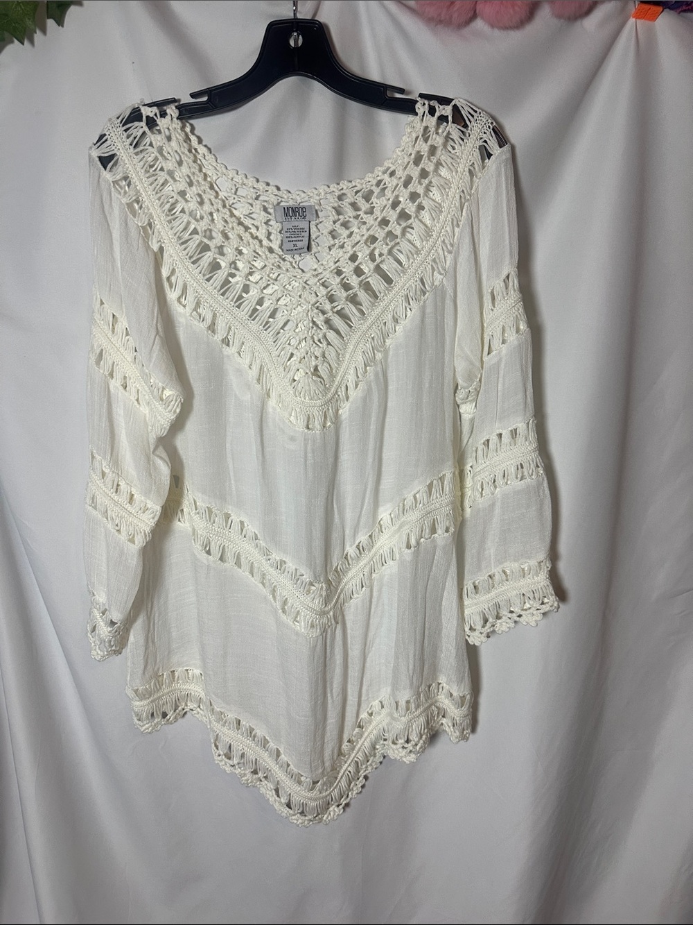 Monroe & Main Cream Crochet V-Neck Boho Tunic